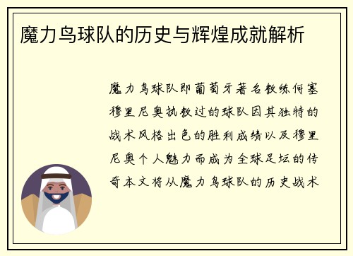魔力鸟球队的历史与辉煌成就解析